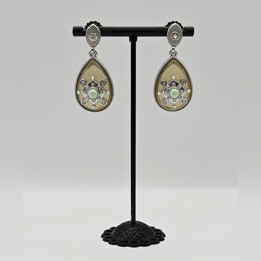 Lia Sophia Teardrop Mint & Taupe Crystal Earrings Silver Tone Dangle